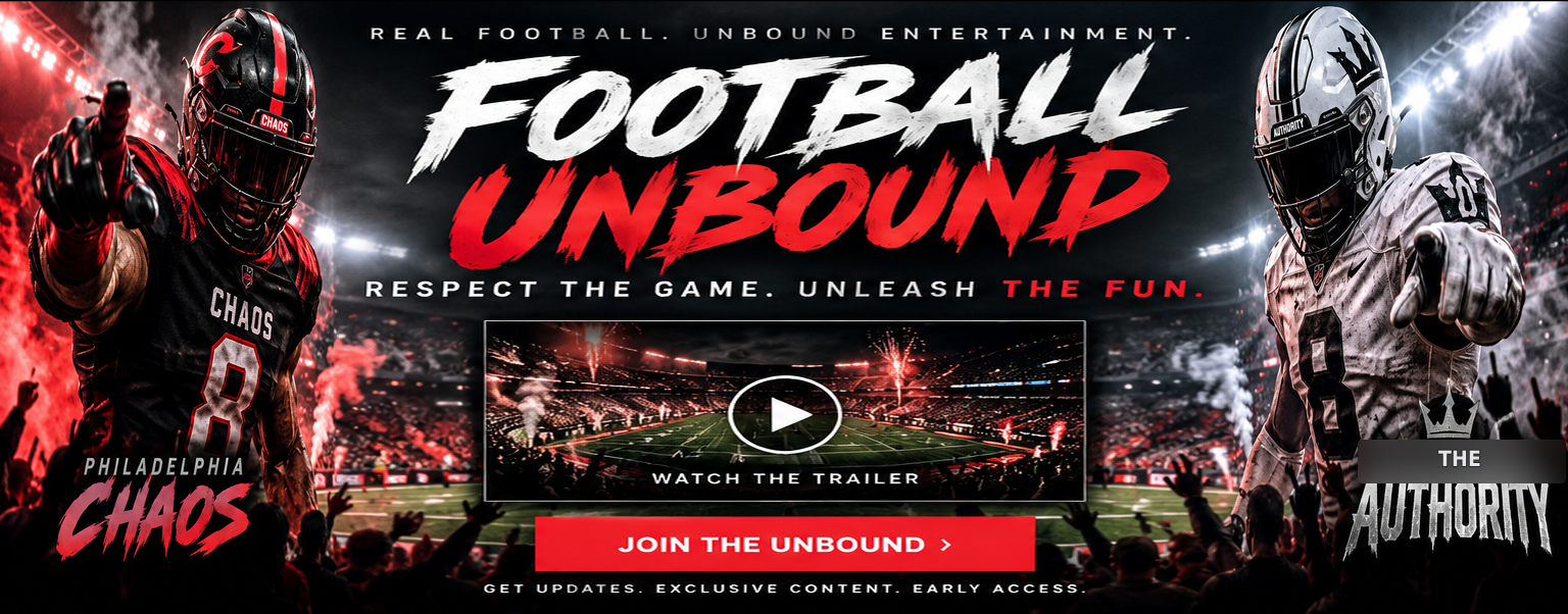 Football Unbound stadium artwork with smaller Chaos and Authority panels and a larger central trailer preview